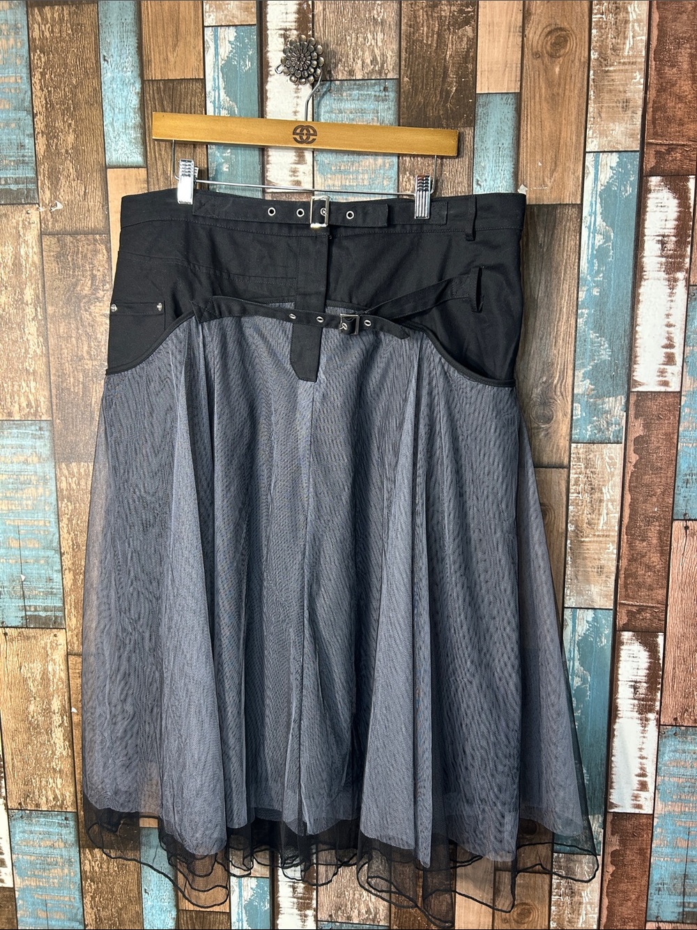 Black and Gray mesh  Circle Skirt with Belted Waist